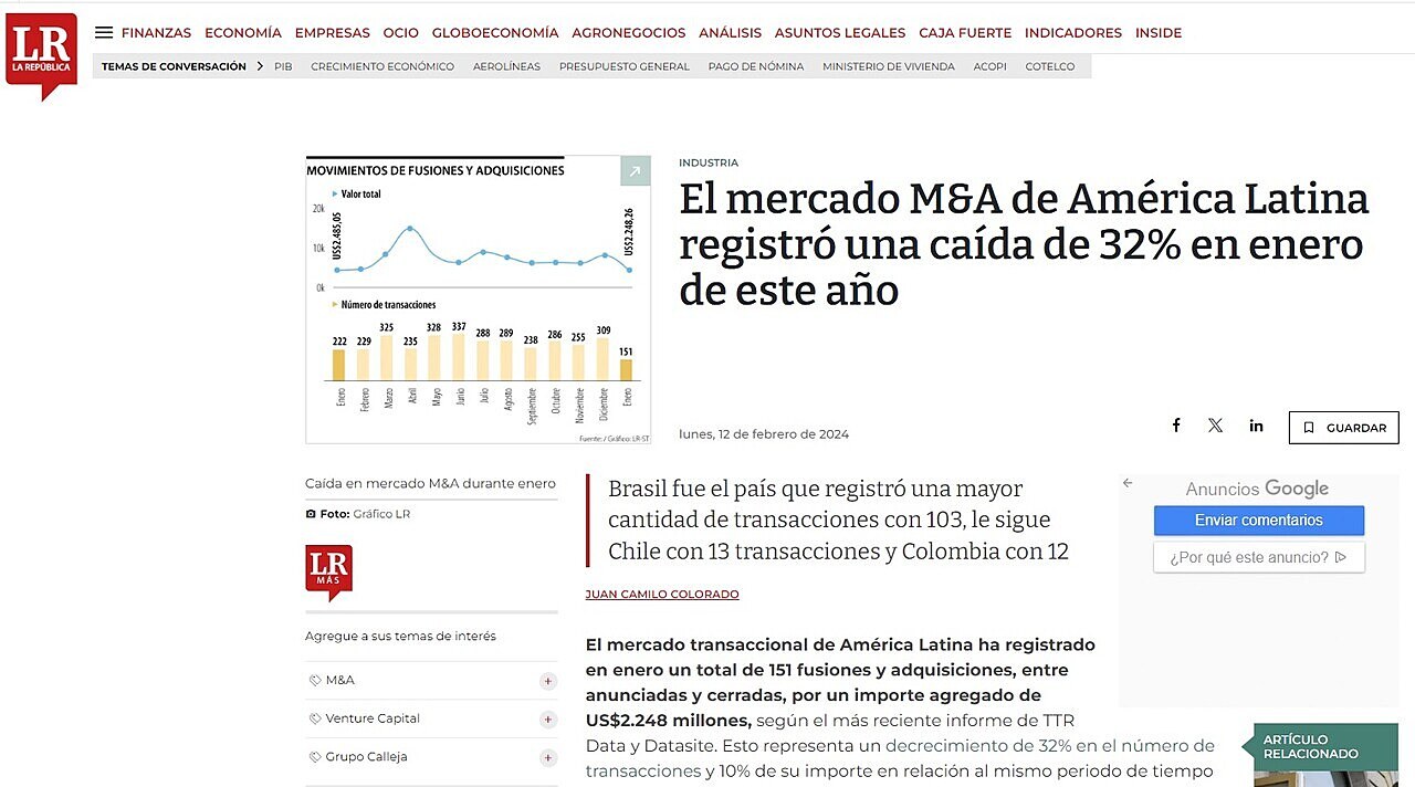 El mercado M&A de Amrica Latina registr una cada de 32% en enero de este ao